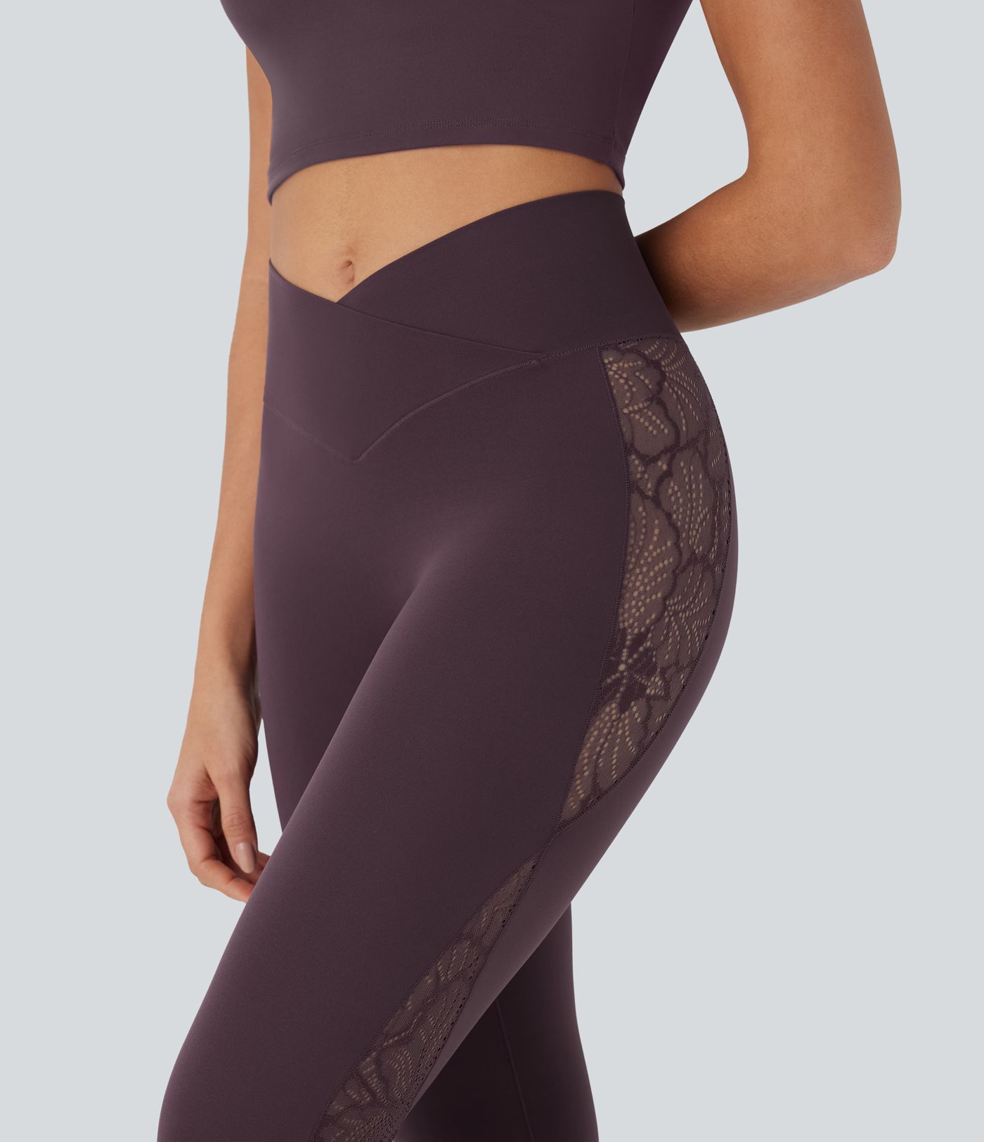 SoftlyZero™ High Waisted Crossover Contrast Lace Pocket Yoga Leggings-UPF50+