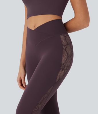 SoftlyZero™ High Waisted Crossover Contrast Lace Pocket Yoga Leggings-UPF50+