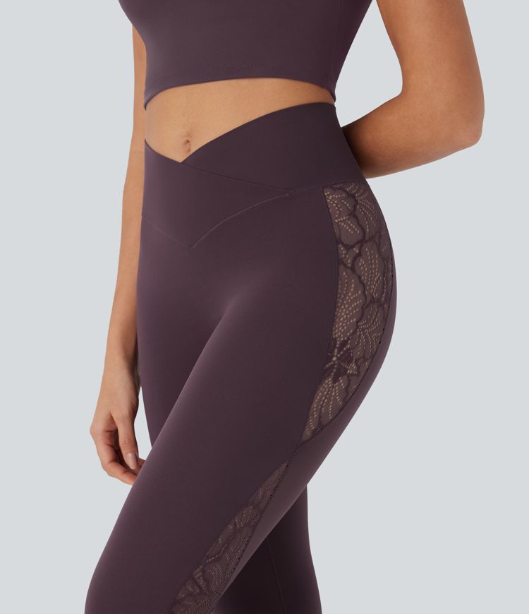 SoftlyZero™ High Waisted Crossover Contrast Lace Pocket Yoga Leggings-UPF50+