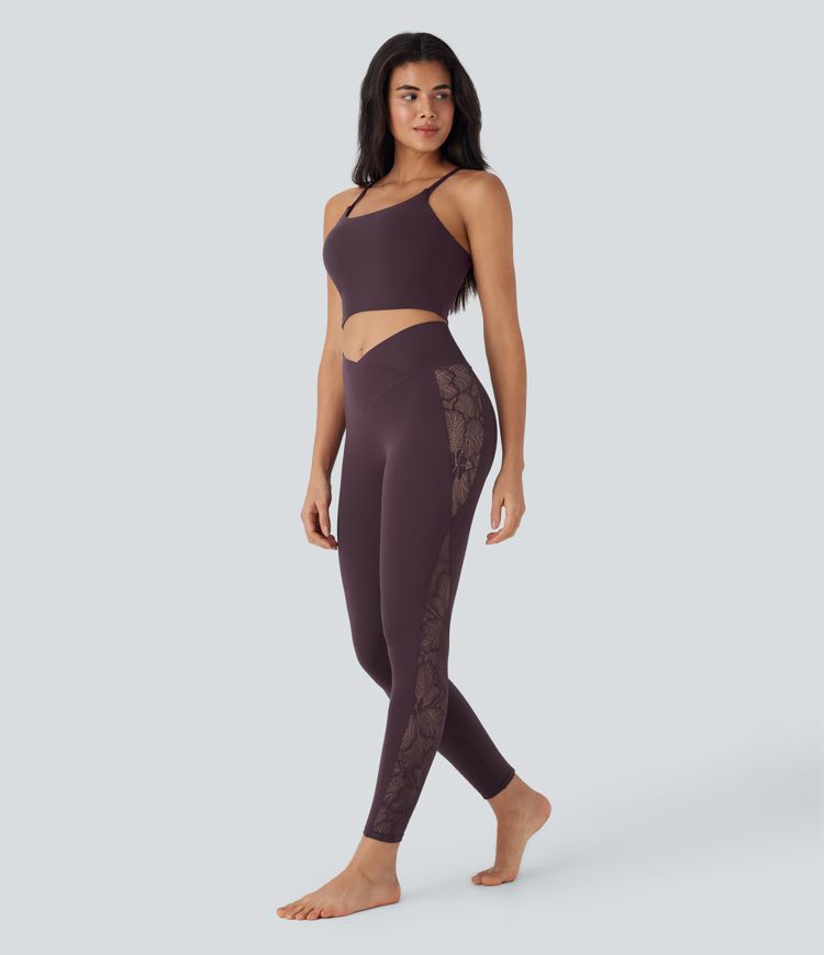 SoftlyZero™ High Waisted Crossover Contrast Lace Pocket Yoga Leggings-UPF50+