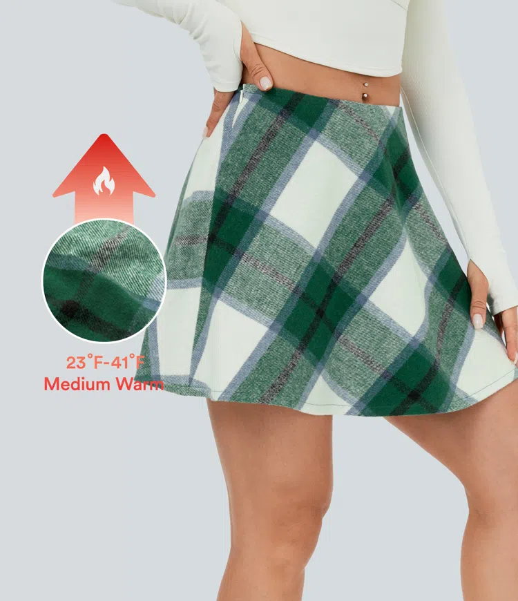Mid-waist side zipper A-line 2-in-1 checkered warm mini casual skirt