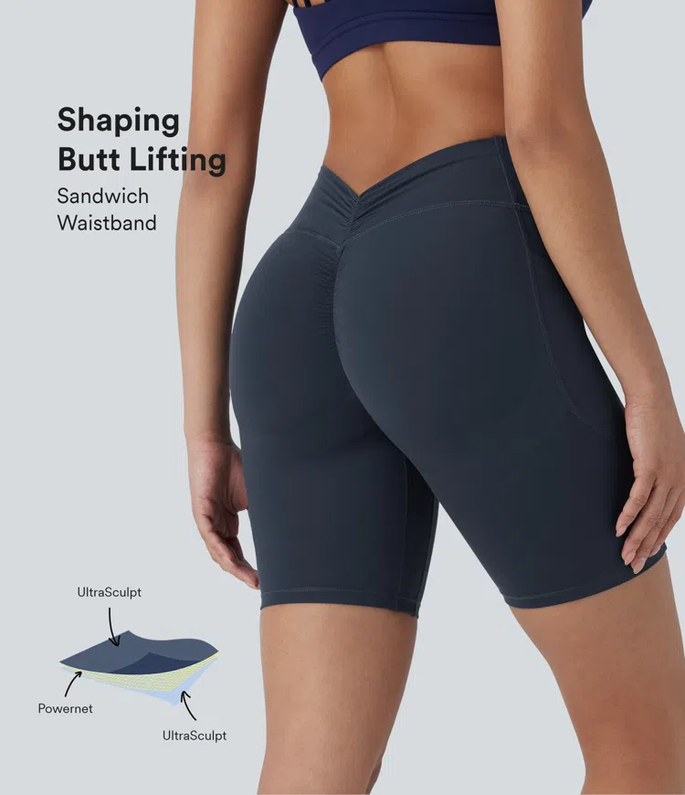 Halara UltraSculpt™ SoCinched High Waisted Tummy Control Butt Lifting Ruched Shaping Yoga Biker Shorts 7'' with Pockets