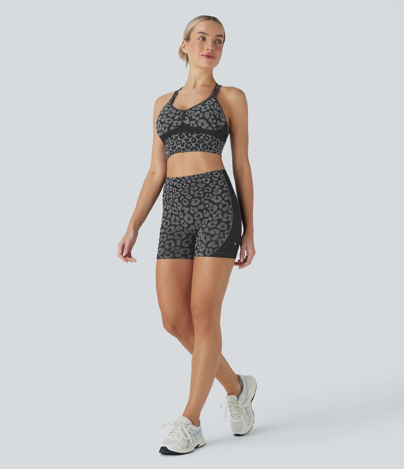 Soutien-gorge de yoga sport imprimé léopard à flux sans couture et faible support