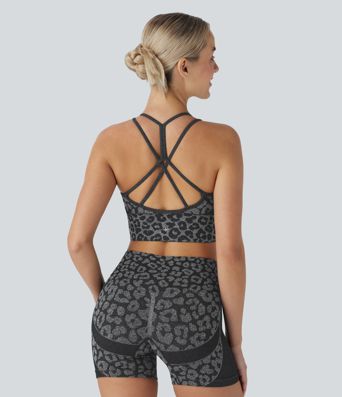 Soutien-gorge de yoga sport imprimé léopard à flux sans couture et faible support