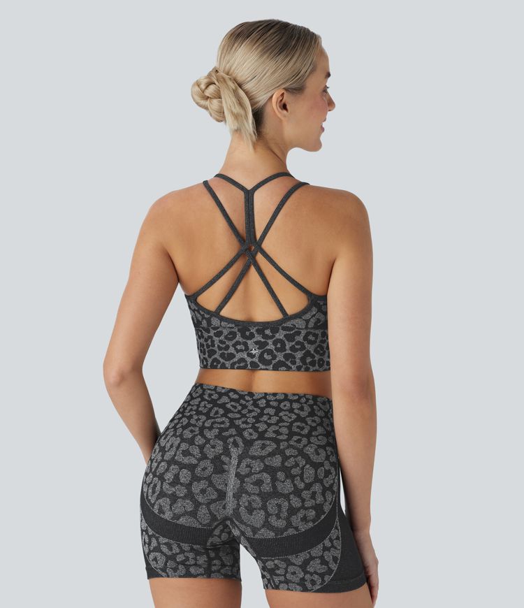 Soutien-gorge de yoga sport imprimé léopard à flux sans couture et faible support