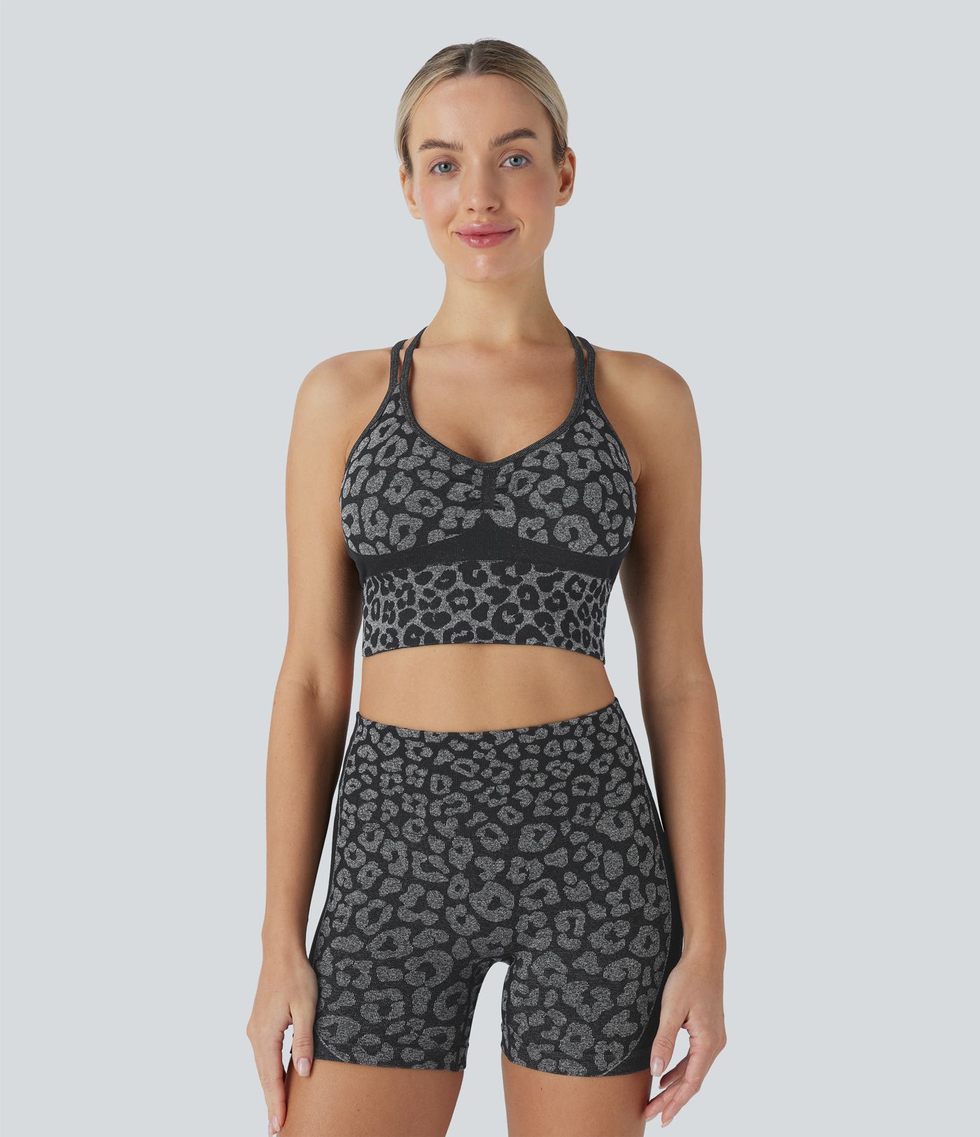 Soutien-gorge de yoga sport imprimé léopard à flux sans couture et faible support