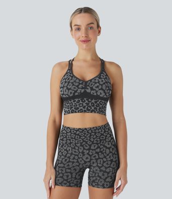 Soutien-gorge de yoga sport imprimé léopard à flux sans couture et faible support