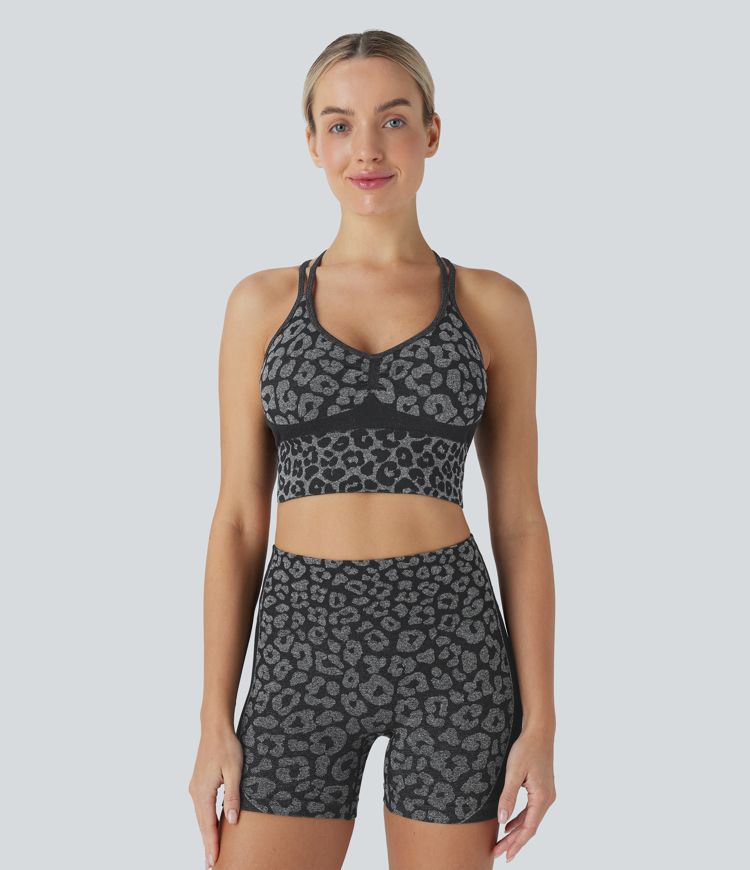 Soutien-gorge de yoga sport imprimé léopard à flux sans couture et faible support