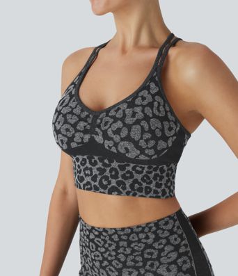 Soutien-gorge de yoga sport imprimé léopard à flux sans couture et faible support