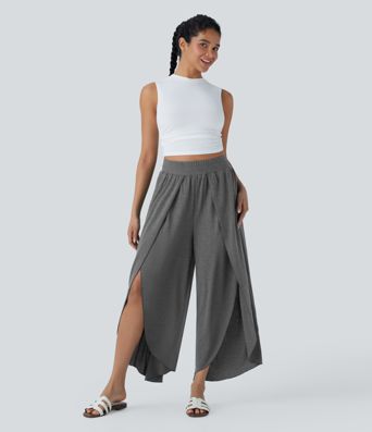 High Waisted 2-in-1 Flowy Wide Leg Casual Pants