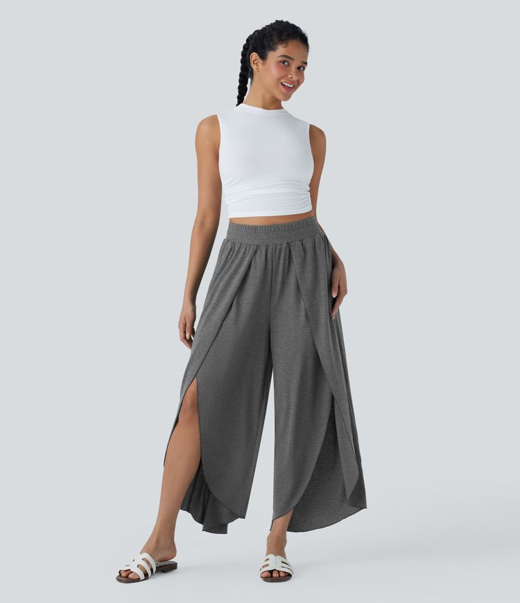 High Waisted 2-in-1 Flowy Wide Leg Casual Pants
