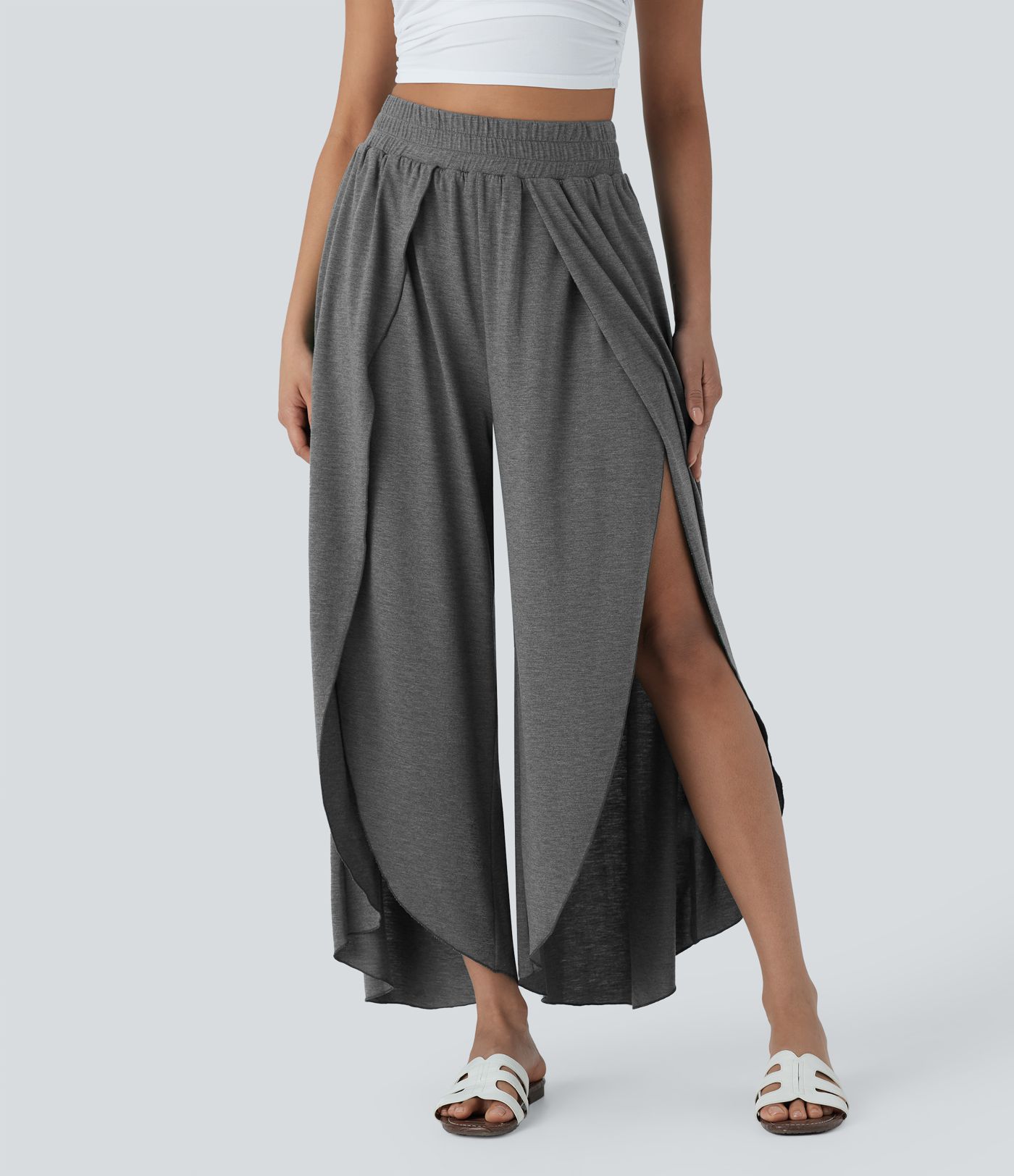 High Waisted 2-in-1 Flowy Wide Leg Casual Pants