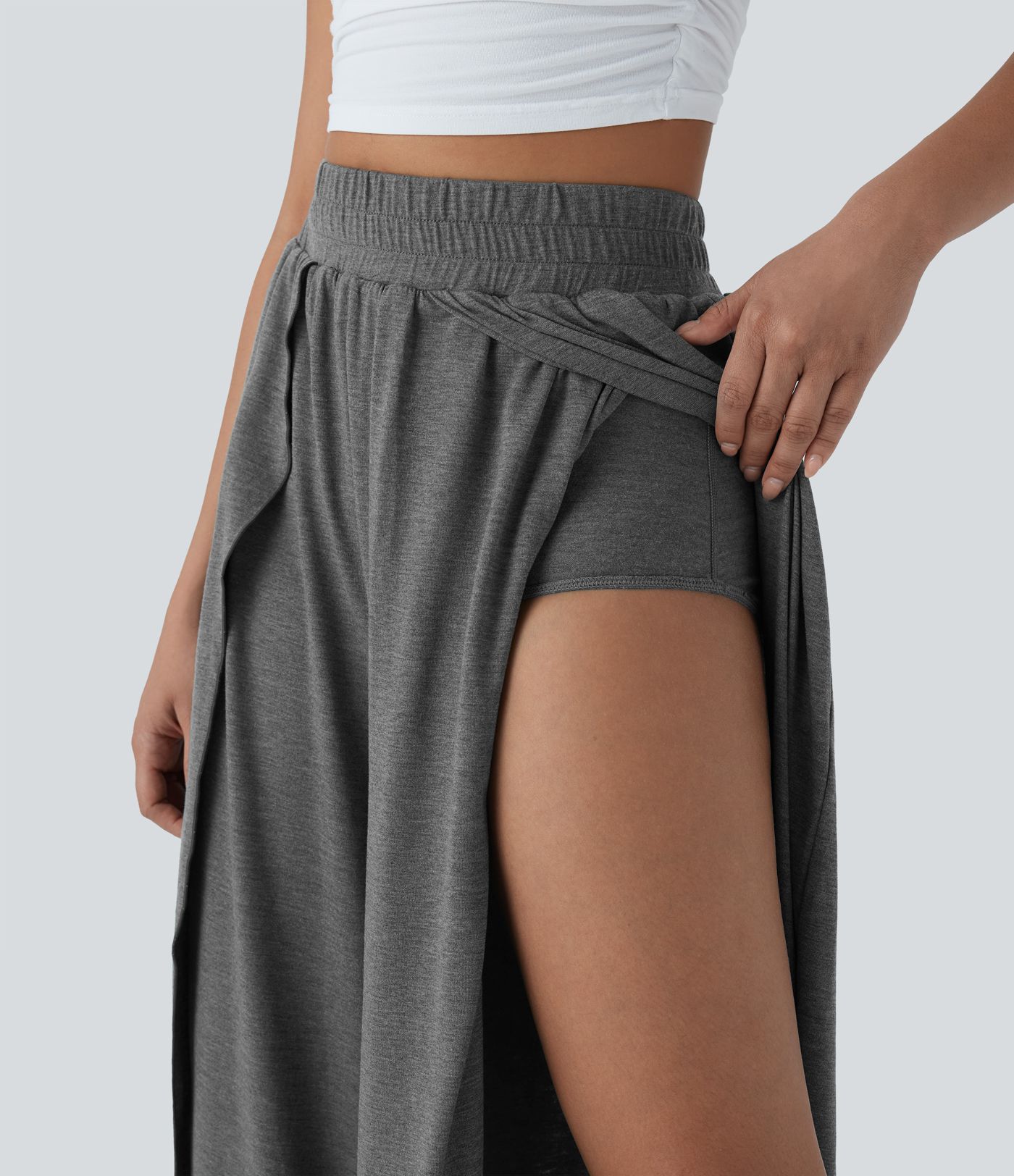 High Waisted 2-in-1 Flowy Wide Leg Casual Pants