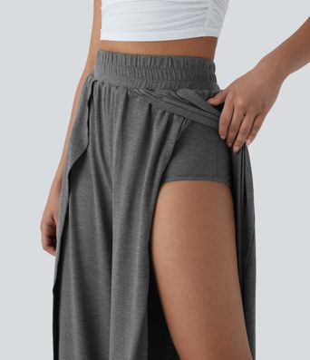 High Waisted 2-in-1 Flowy Wide Leg Casual Pants