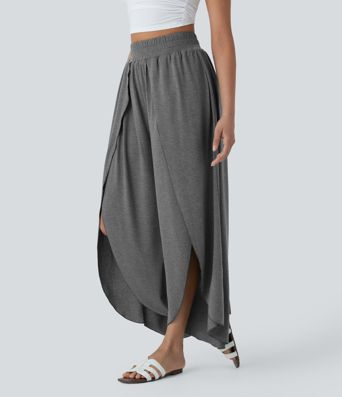 High Waisted 2-in-1 Flowy Wide Leg Casual Pants