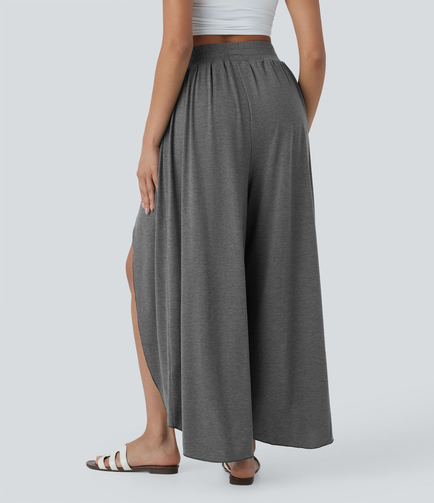 High Waisted 2-in-1 Flowy Wide Leg Casual Pants