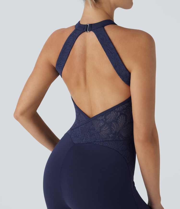 SoftlyZero™ Contrast Lace Skinny Yoga Jumpsuit-UPF50+