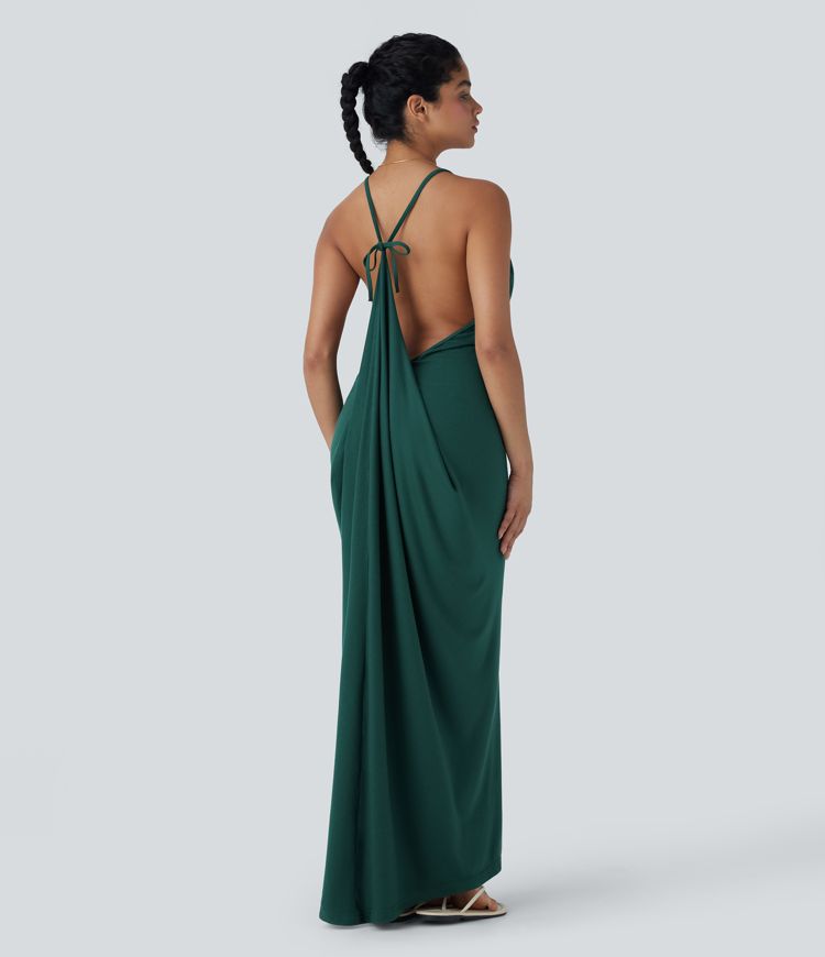 Robe Longue de Vacances avec Col V Dos Nu à Nouer et Fronces