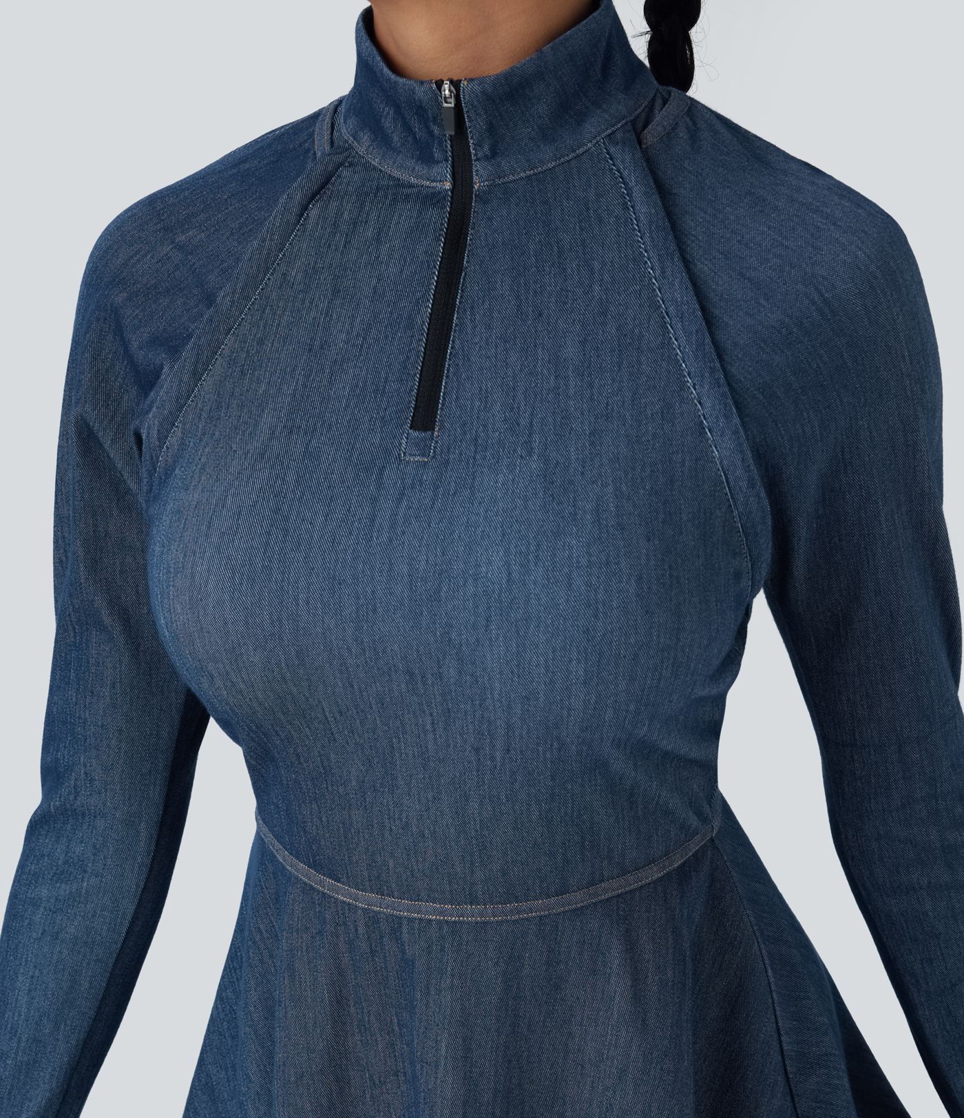 Halara Flex™ Zipper Removable Sleeve Thumb Hole Flare Mini  Washed Denim Tennis Active Dress