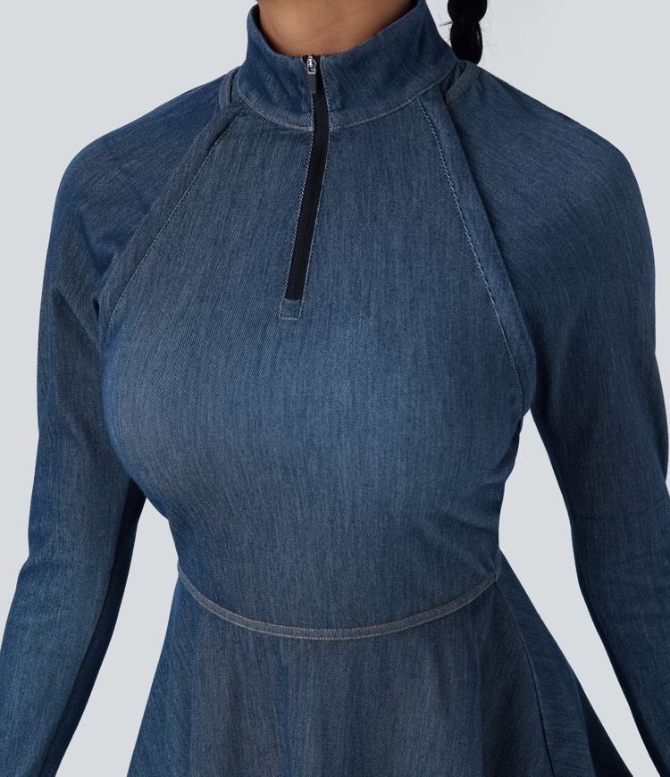 Halara Flex™ Zipper Removable Sleeve Thumb Hole Flare Mini  Washed Denim Tennis Active Dress