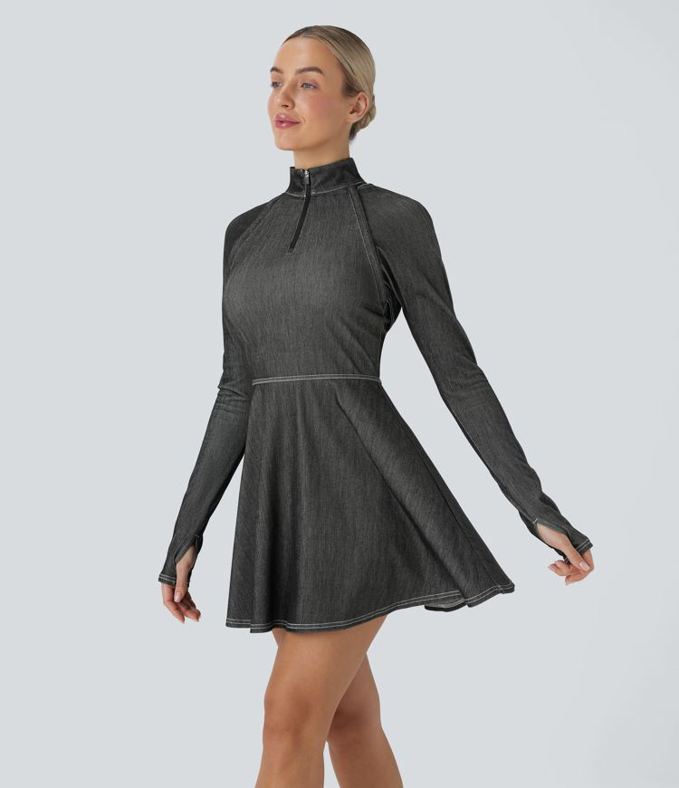 Vestido Halara Flex™ Denim deportivo de tenis acampanado elástico desgastado con mangas extraíbles y abertura para el pulgar de tacto fresco