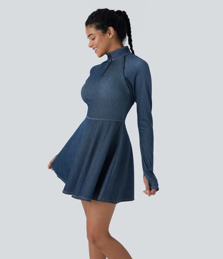 Halara Flex™ Zipper Removable Sleeve Thumb Hole Flare Mini Cool Touch Washed Denim Tennis Active Dress