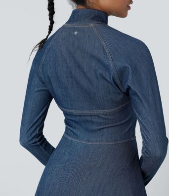 Halara Flex™ Zipper Removable Sleeve Thumb Hole Flare Mini  Washed Denim Tennis Active Dress