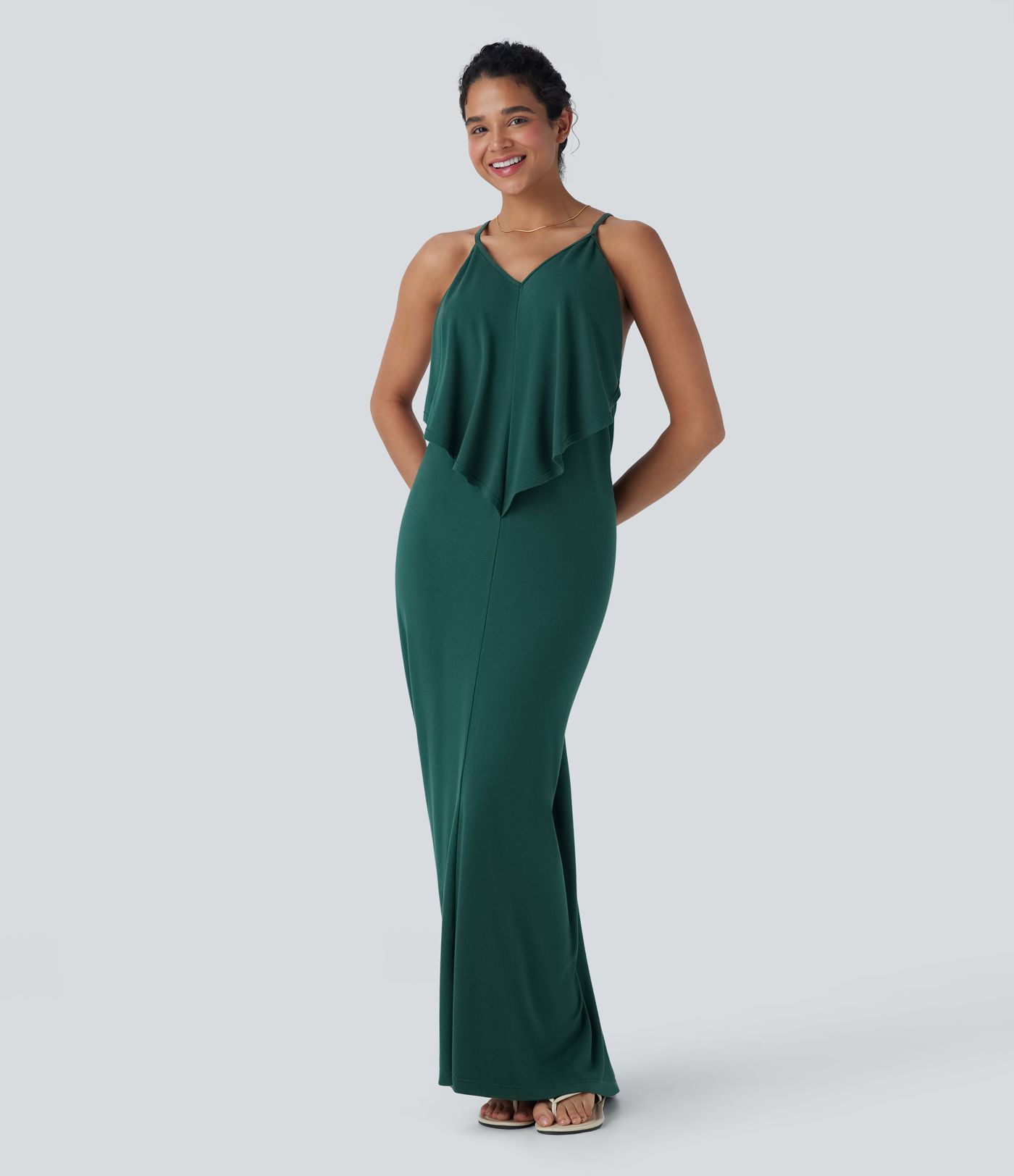 Vestido largo tipo lencero con escote en V y espalda descubierta con lazo trasero para vacaciones