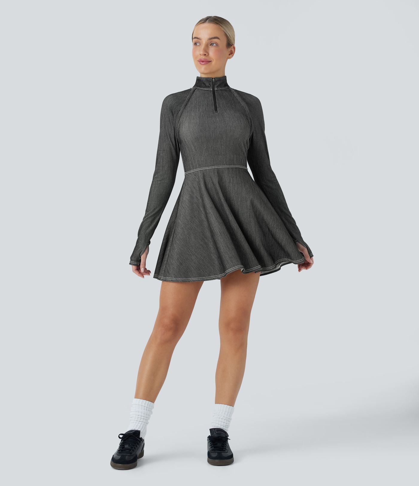 Halara Flex™ Reißverschluss Abnehmbare Ärmel Daumenloch Flare Mini Cool Touch Washed Stretchy Knit Denim Tennis Active Dress