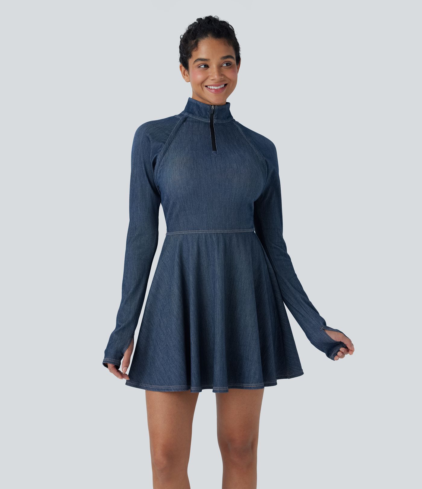 Halara Flex™ Zipper Removable Sleeve Thumb Hole Flare Mini  Washed Denim Tennis Active Dress
