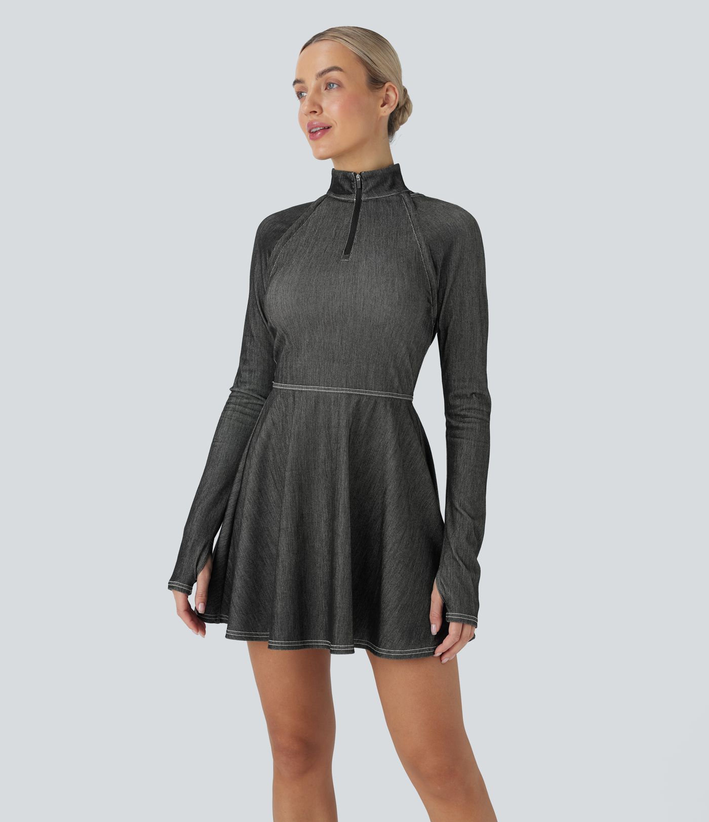Halara Flex™ Reißverschluss Abnehmbare Ärmel Daumenloch Flare Mini Cool Touch Washed Stretchy Knit Denim Tennis Active Dress