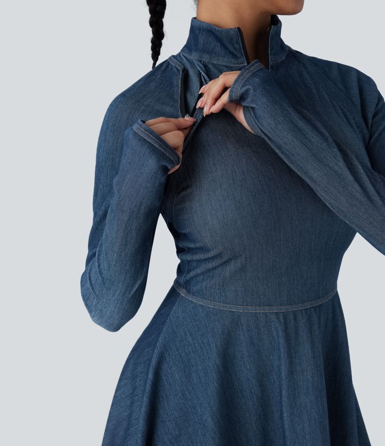 Halara Flex™ Zipper Removable Sleeve Thumb Hole Flare Mini  Washed Denim Tennis Active Dress