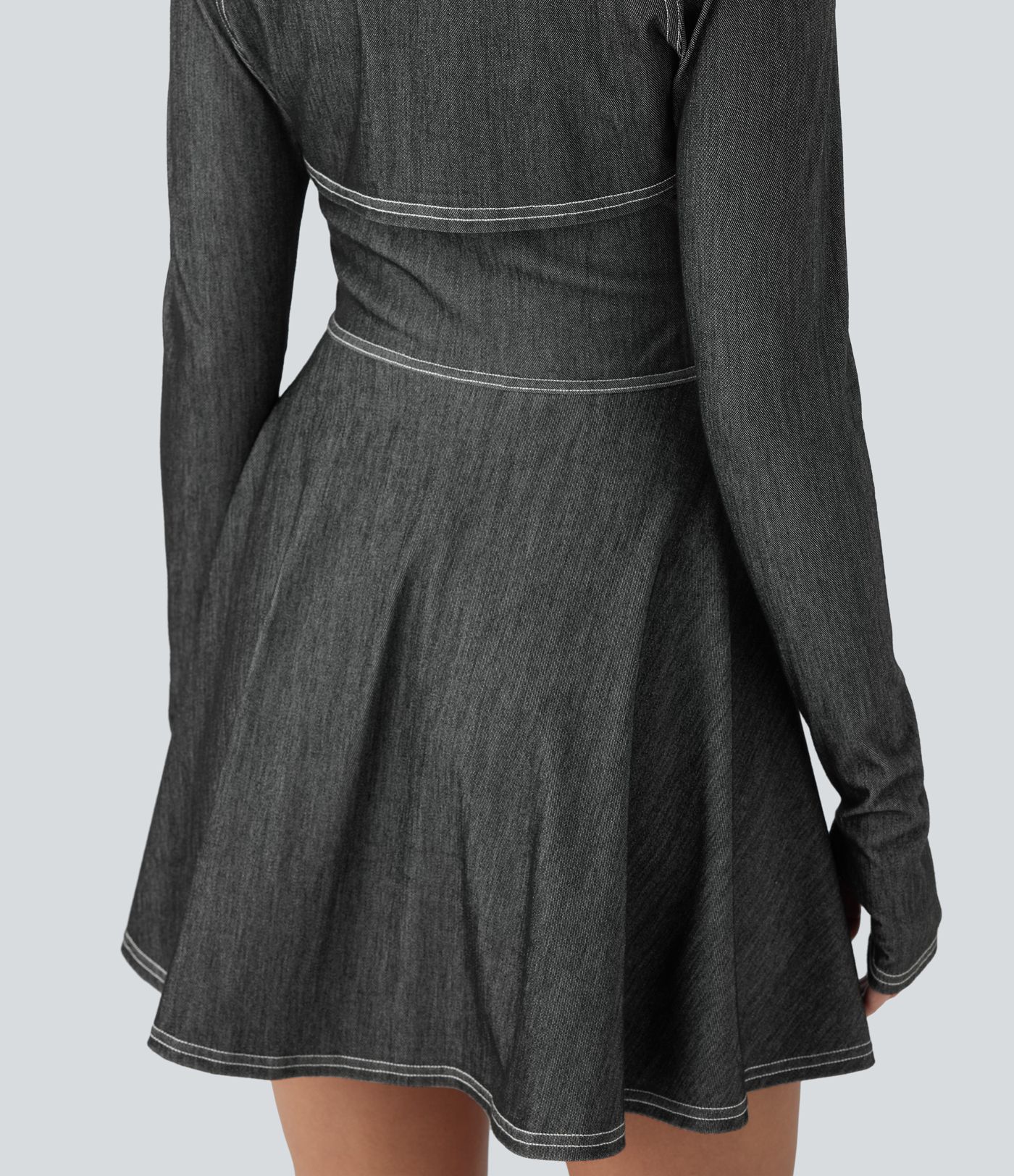 Halara Flex™ Reißverschluss Abnehmbare Ärmel Daumenloch Flare Mini Cool Touch Washed Stretchy Knit Denim Tennis Active Dress