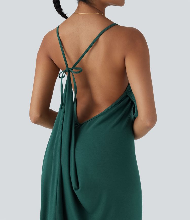 Vestido largo tipo lencero con escote en V y espalda descubierta con lazo trasero para vacaciones