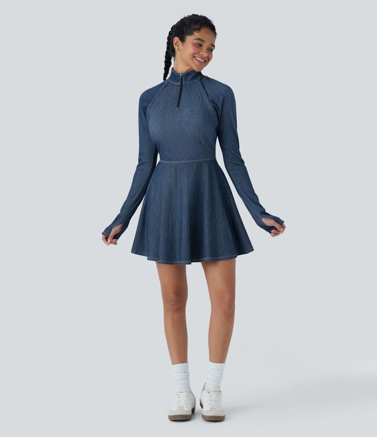 Halara Flex™ Zipper Removable Sleeve Thumb Hole Flare Mini  Washed Denim Tennis Active Dress