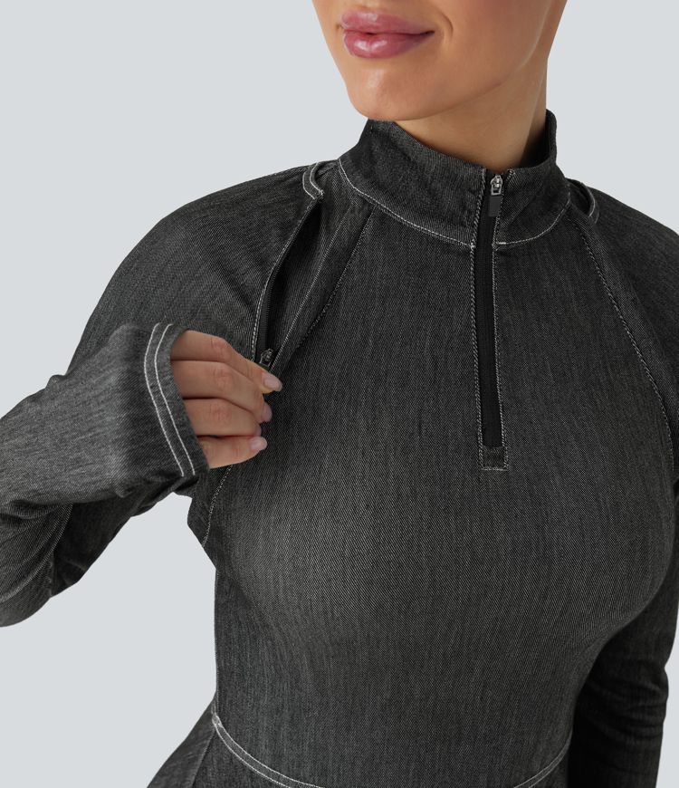 Vestido Halara Flex™ Denim deportivo de tenis acampanado elástico desgastado con mangas extraíbles y abertura para el pulgar de tacto fresco