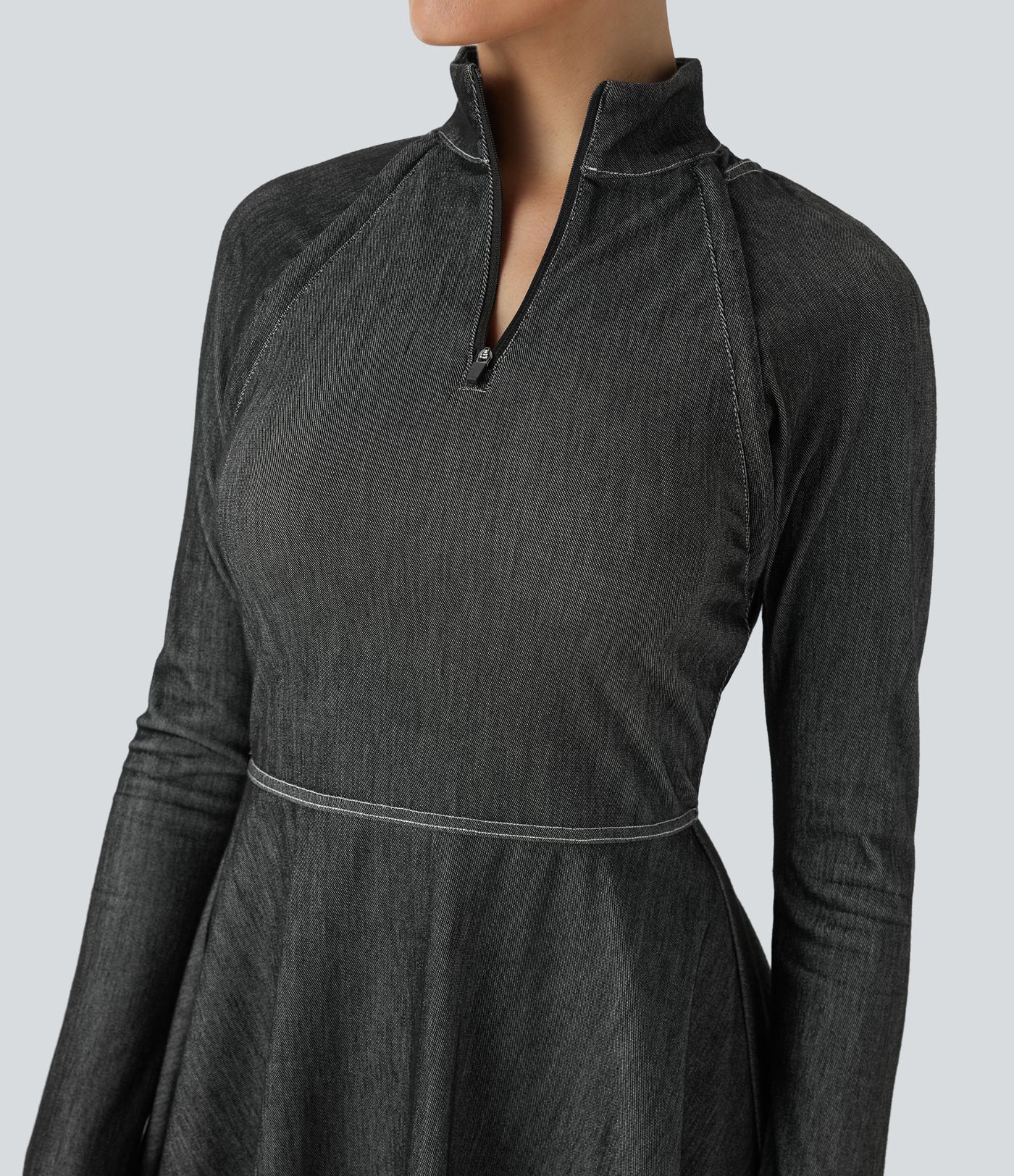 Halara Flex™ Reißverschluss Abnehmbare Ärmel Daumenloch Flare Mini Cool Touch Washed Stretchy Knit Denim Tennis Active Dress