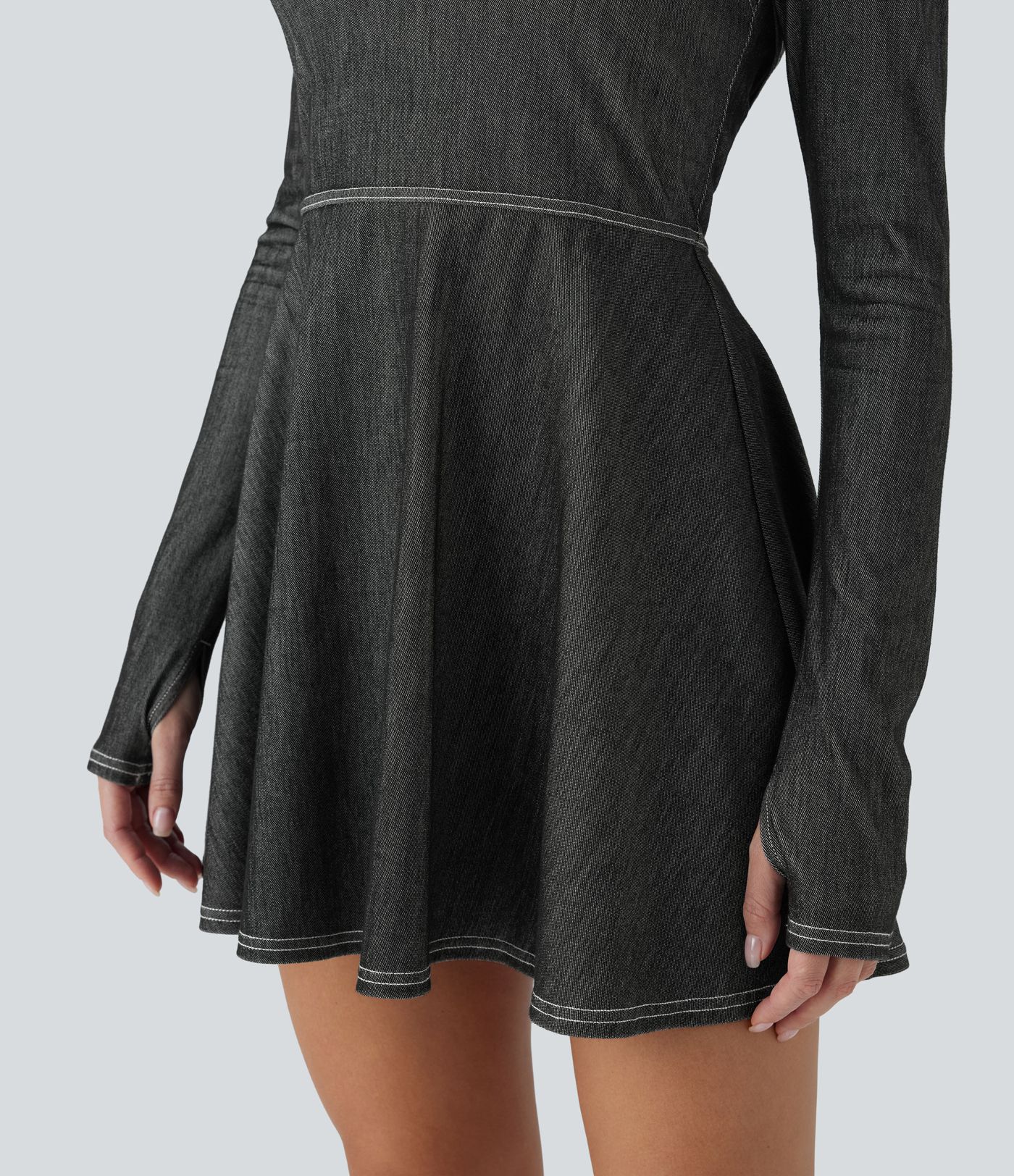 Halara Flex™ Reißverschluss Abnehmbare Ärmel Daumenloch Flare Mini Cool Touch Washed Stretchy Knit Denim Tennis Active Dress