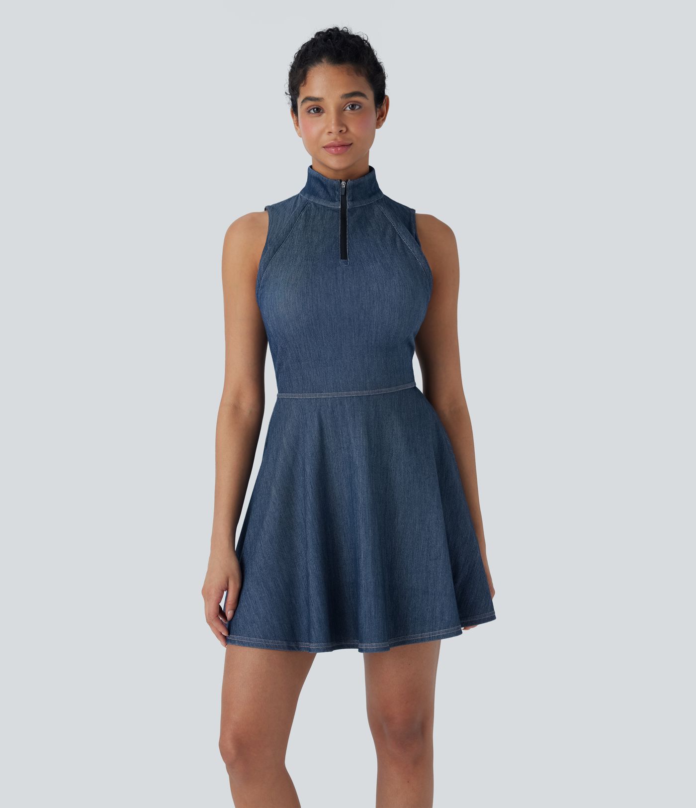 Halara Flex™ Zipper Removable Sleeve Thumb Hole Flare Mini  Washed Denim Tennis Active Dress