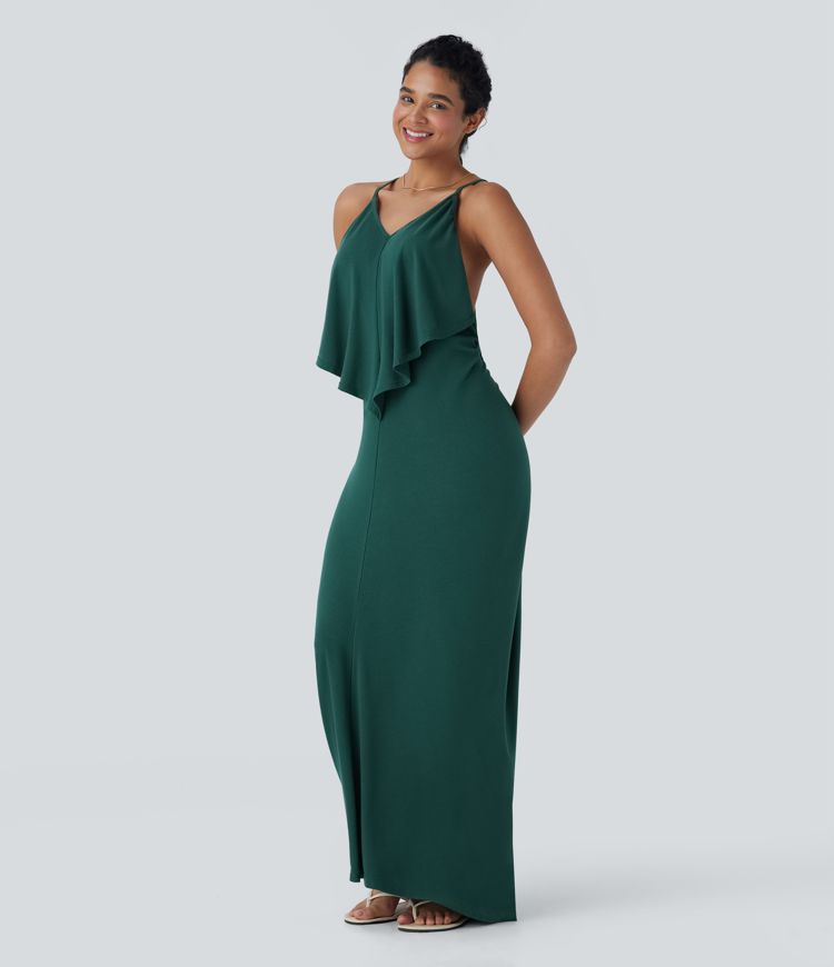 Vestido largo tipo lencero con escote en V y espalda descubierta con lazo trasero para vacaciones