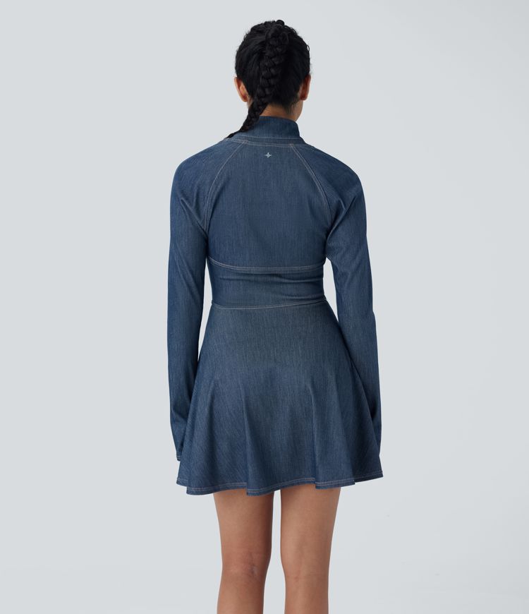 Halara Flex™ Zipper Removable Sleeve Thumb Hole Flare Mini Cool Touch Washed Denim Tennis Active Dress