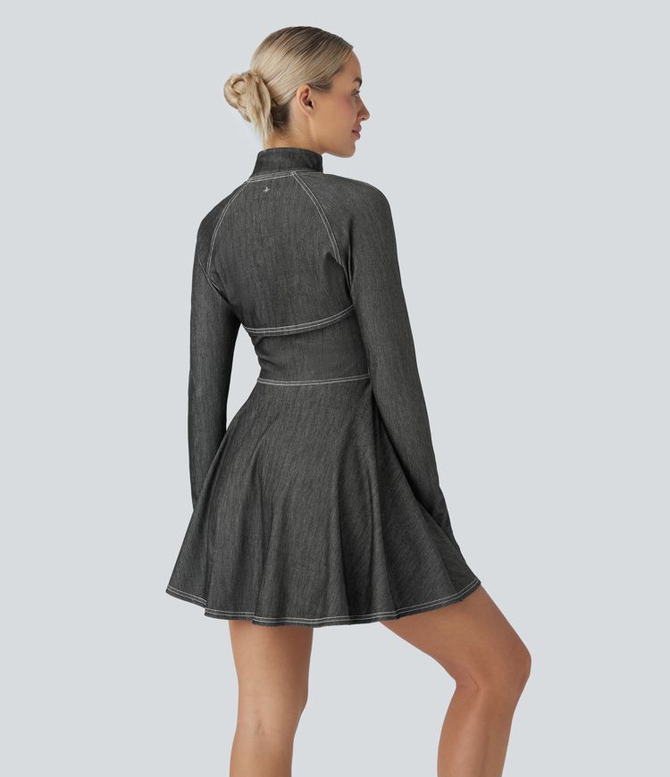 Vestido Halara Flex™ Denim deportivo de tenis acampanado elástico desgastado con mangas extraíbles y abertura para el pulgar de tacto fresco