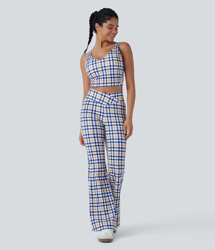 Leggings de yoga acampanados de tiro alto con diseño a cuadros y tacto fresco con bolsillo