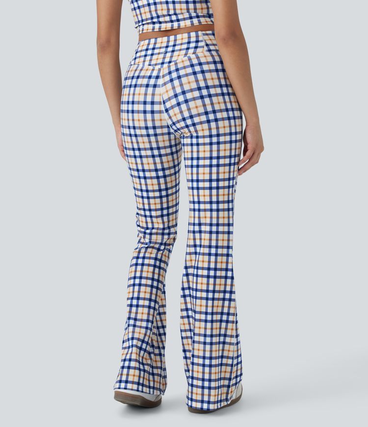 Leggings de yoga acampanados de tiro alto con diseño a cuadros y tacto fresco con bolsillo