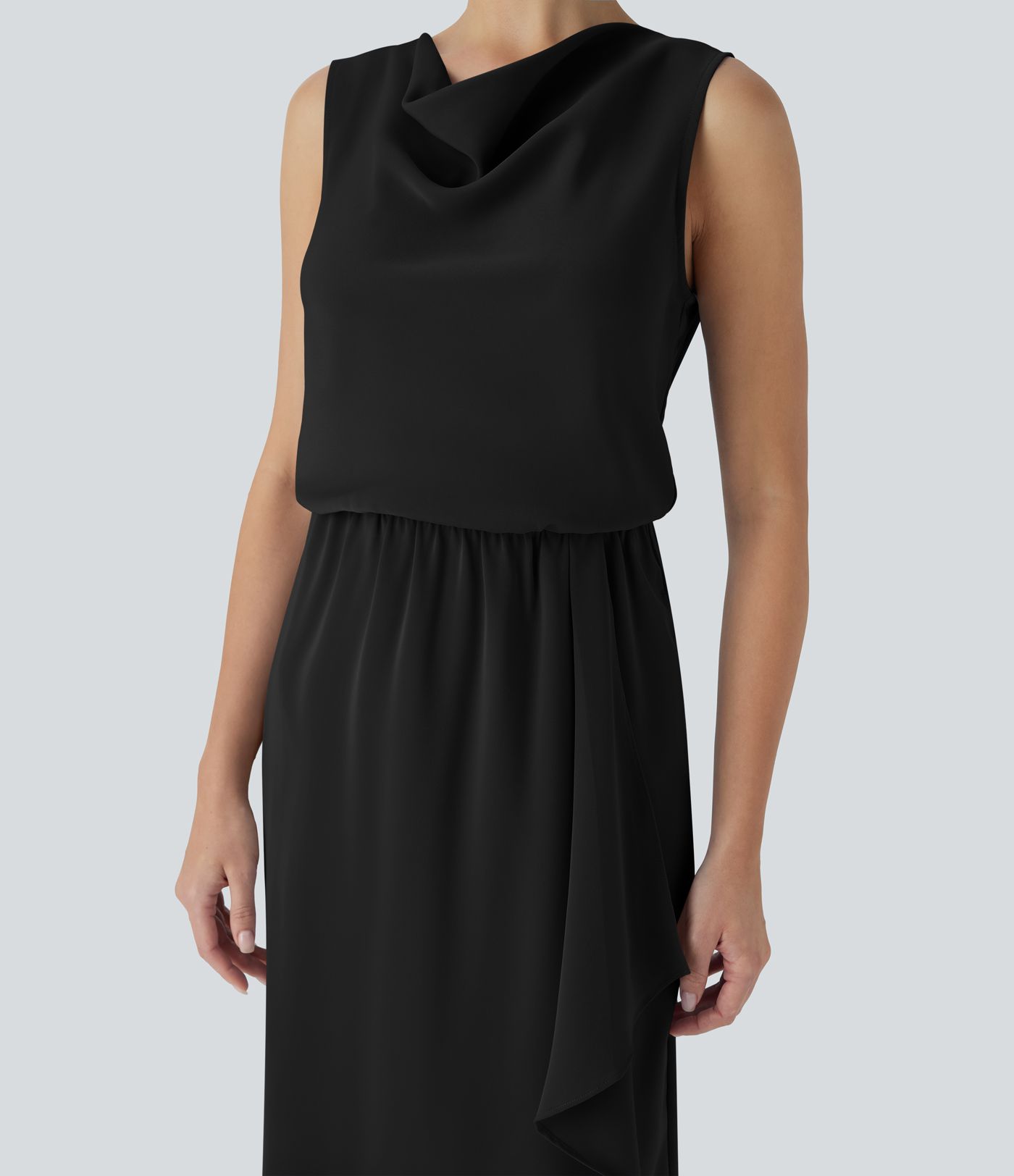 Wrinkle-resistant Cowl Neck Sleeveless Crossover Hem Midi Travel Dress with Pockets