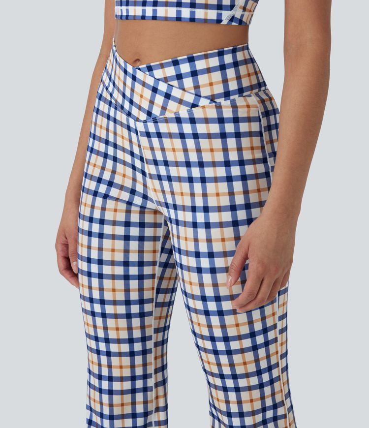 Leggings de yoga acampanados de tiro alto con diseño a cuadros y tacto fresco con bolsillo