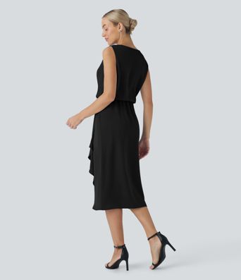 Wrinkle-resistant Cowl Neck Sleeveless Crossover Hem Midi Travel Dress with Pockets