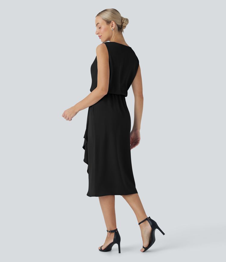 Wrinkle-resistant Cowl Neck Sleeveless Crossover Hem Midi Travel Dress with Pockets