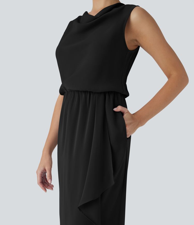 Wrinkle-resistant Cowl Neck Sleeveless Crossover Hem Midi Travel Dress with Pockets