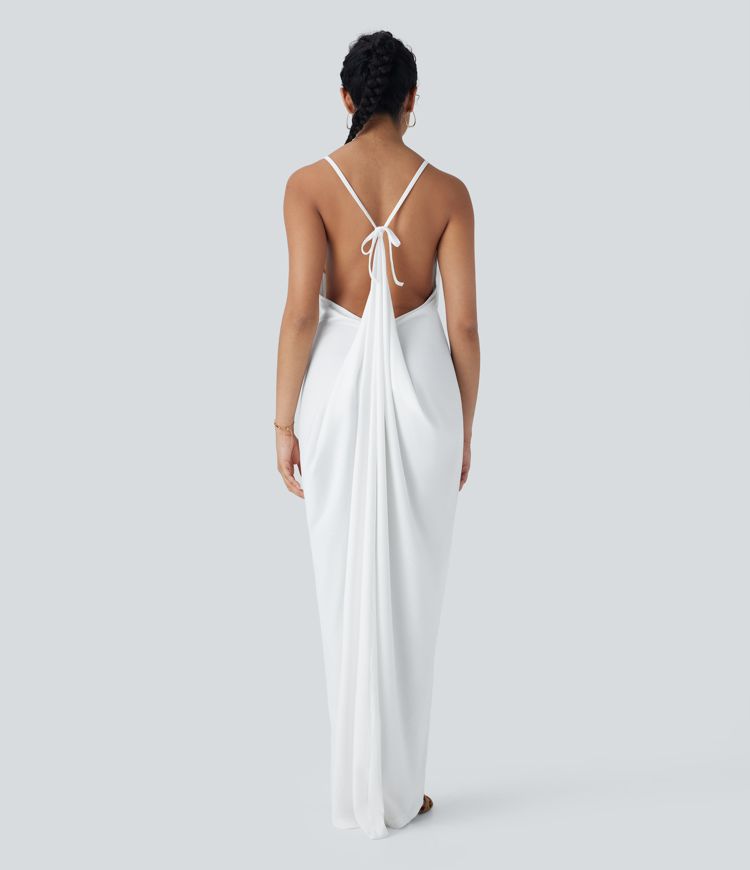 V Neck Tie Back Ruched Maxi Slip Dress